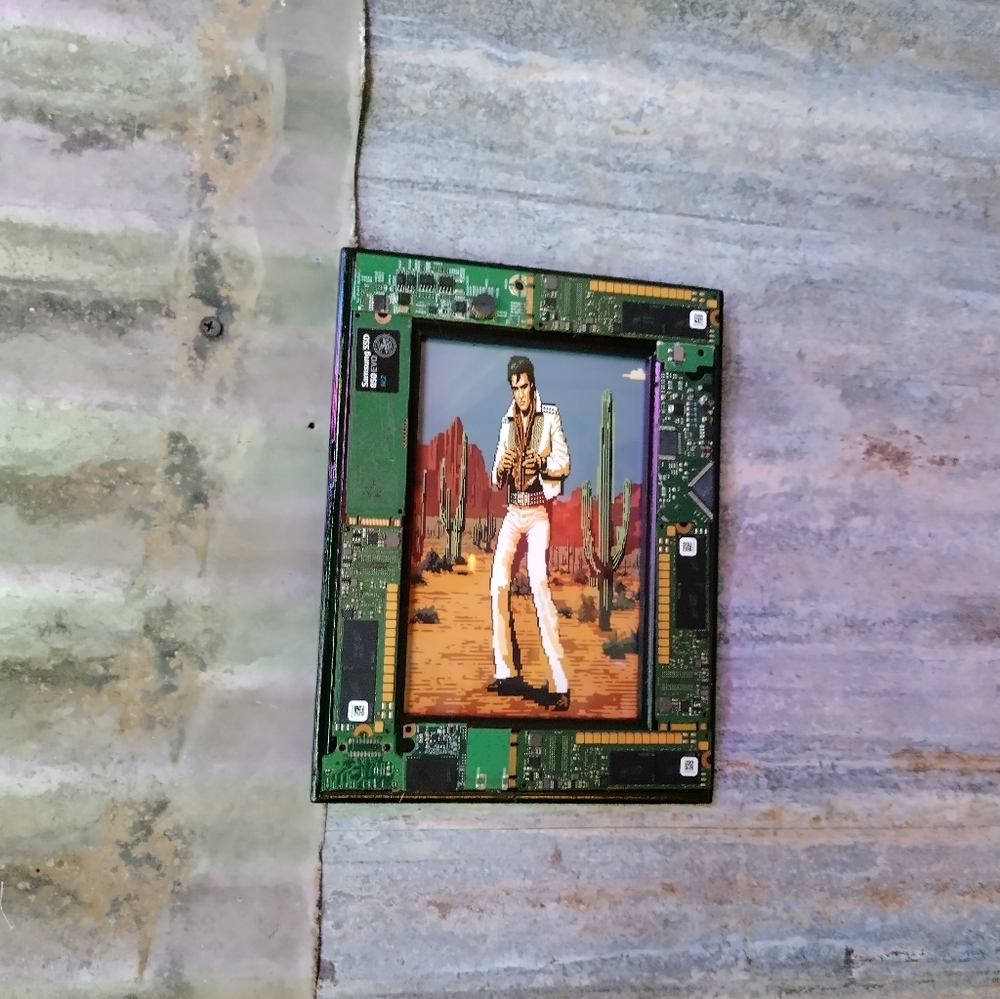 8 Bit Elvis in Desert Framed Mini Art Print In Circuit Board Frame By Neon Nicho